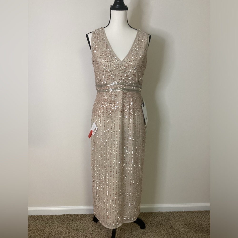Mac Duggal Sequin Embellished Midi Sheath Dress in Champagne